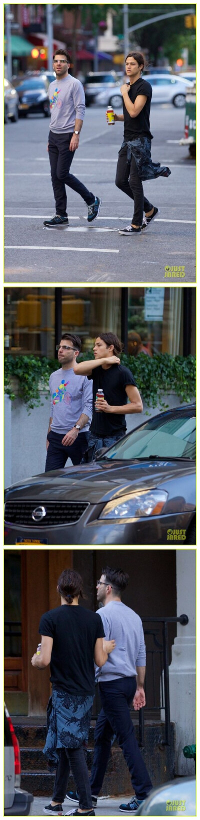 【Zach☆Quinto】昆图与男友街拍。Zachary Quinto sports a cool pair of eyeglasses while enjoying a stroll with his boyfriend Miles McMillan in New York City， June 6 2014.