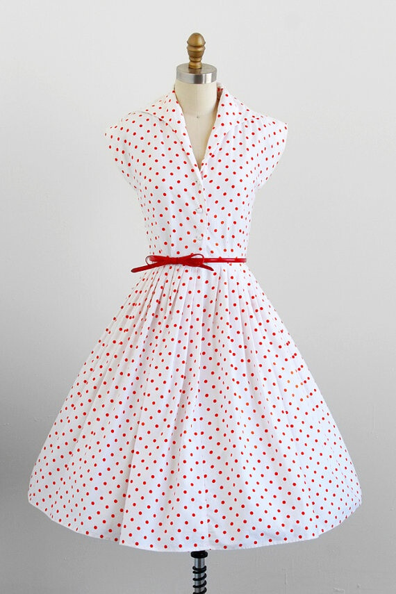 vintage 1950s dress -White and Orange Polka Dot Dress 复古小礼裙。曦