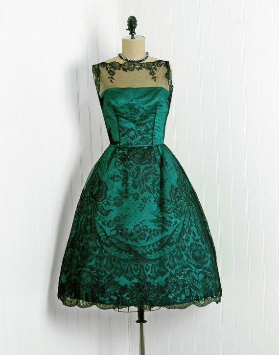 1950's Vintage Harvey Berin Designer-Couture Black Chantilly-Lace &amp;amp; Emerald-Green Satin Sheer-Illusion Bombshell Full-Skirt Prom 复古小礼裙。曦