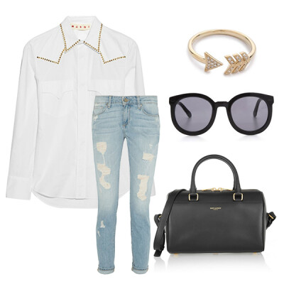 Marni Studded cotton-poplin shirt $498.80 Paige Tyler low-rise boyfriend jeans $230.00 Saint Laurent Classic Duffle bag $1250.00 Karen Walker Sunglasses $280.00 EF Collection Arrow Ring $585.00 http:/…