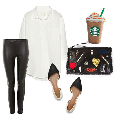 R13 Oversized cotton shirt $395 Stella Mccartney embellished clutch $852.41 Hallhuber Leather Leggings $200 Tory Burch Viv Flat $265.00