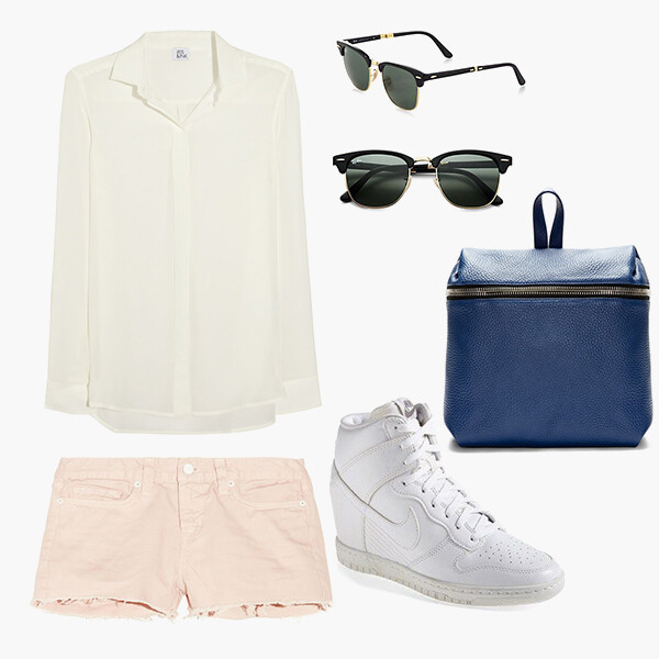 Iris &amp;amp; Ink silk white shirt $115.00 J Brand Cut-Off denim shorts $160.00 Kara Navy Backpack $480.00 Nike Dunk Sky Hi Sneaker $120.00 Ray-Ban Clubmaster sunglasses $230.00