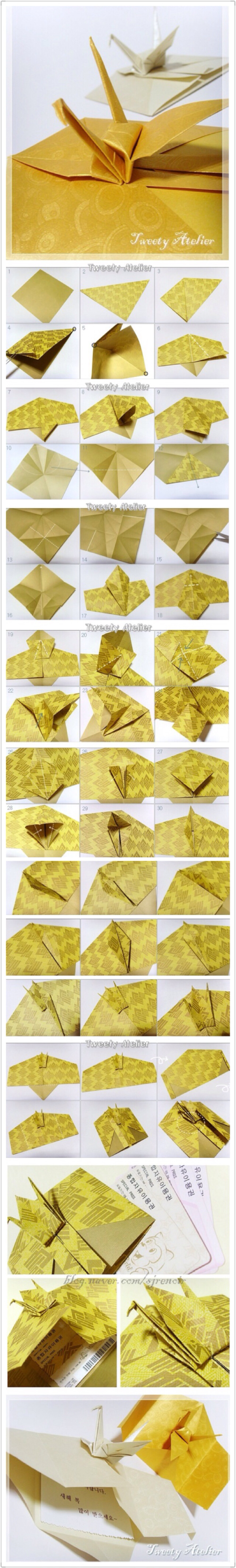 【折纸手工】可以放信纸、卡片、礼券的千纸鹤折纸图解