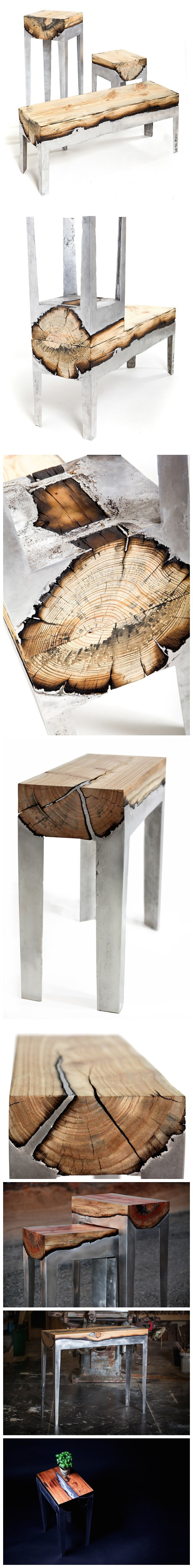 以色列设计师 Hilla Shamia 把天然树干和熔化的铝作为材料，设计了一系列造型独特的家具。