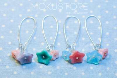 MokuStore●手工●4色入 森林系糖果色琉璃花朵 大耳圈[树莓]