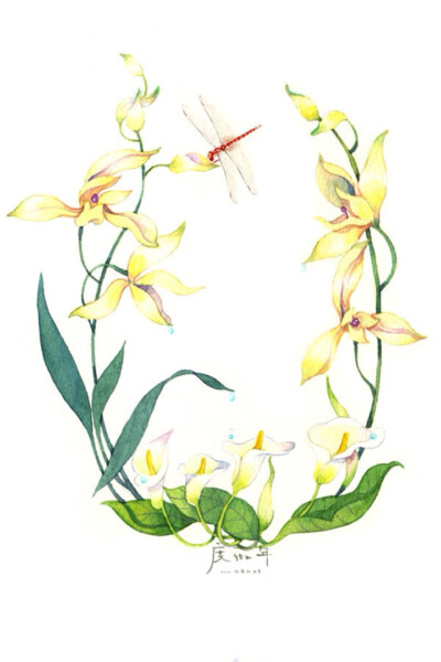 度薇年 温暖 水彩 手绘 插画 花环 植物