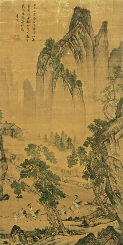 《松林扬鞭图》 唐寅画中自题诗：“女几山前春雪消，路傍仙杏发柔条。心期此日同游赏，载酒扬鞭过野桥。”署款“唐寅”，钤“南京解元”、“六如居士”二印。整体构图生动，以山雾将画面置景分为上下两部分，用以表…