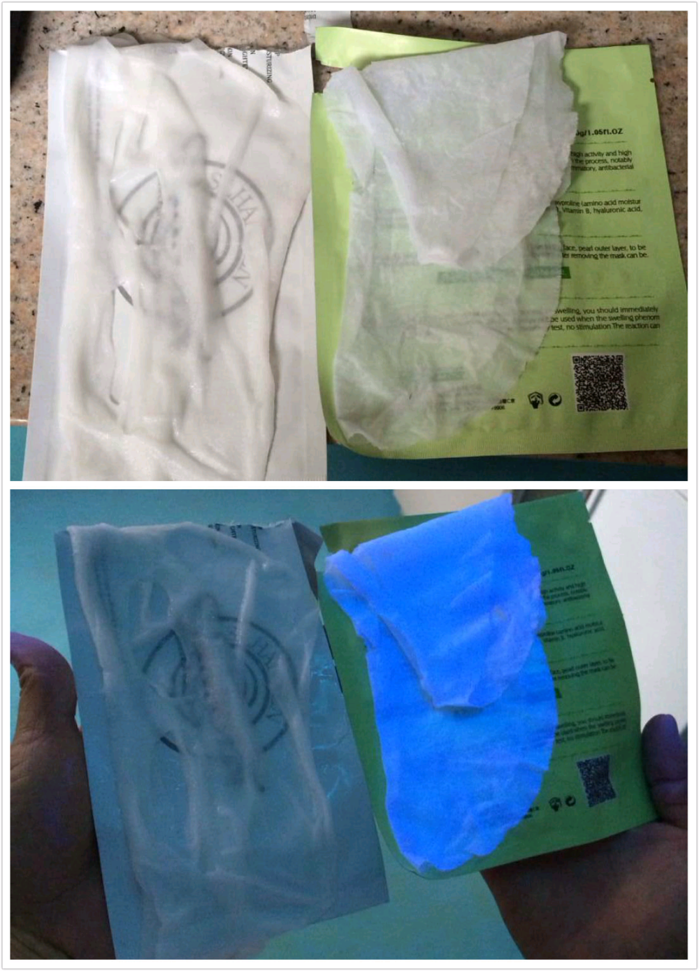【莎丽汉森实验室实测】发蓝光的都是含有荧光剂的。大家在家里用紫光灯或紫光验钞机都可以实测一下。可以用我们的面膜和A4白纸对照。另外，大家用这种方法也可以测试一下自家用的卫生纸卫生巾是否含有荧光