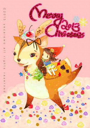 萌物 可爱 水粉画 水彩  动物 小鹿 女孩