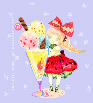 萌物 可爱 水粉画 水彩  冰淇淋 女孩