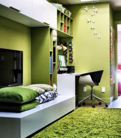 明亮的绿色铺砌在整面墙上，令空间显得生机盎然。