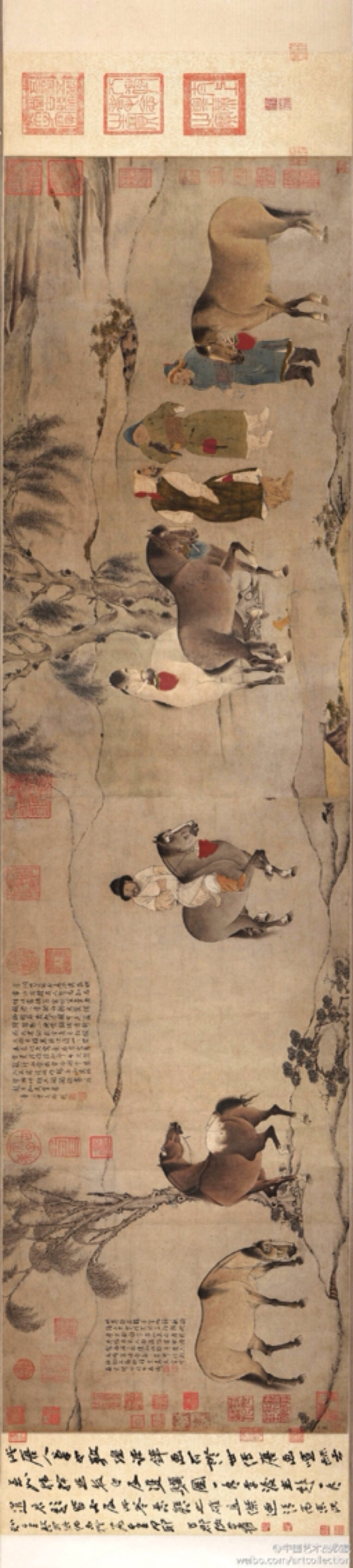 #工笔画#【 元 佚名 《六骏图》 】卷，纸本设色，46.2×168.3cm，大都会艺术博物馆藏。旧传赵伯驹作。赵伯驹，南宋画家。字千里。宋宗室，太祖七世孙。曾任浙东兵马钤辖。擅山水、花果、翎毛、楼台，尤长金碧山水。其山水师法李思训父子，并吸取北宋文人画家水墨山水的表现手法，形成清丽秀雅。