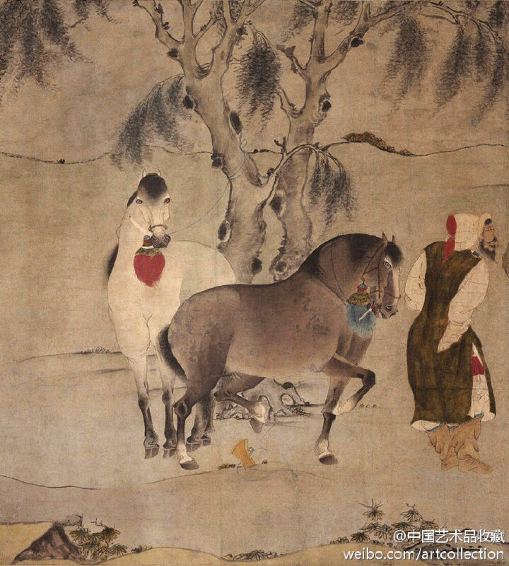 #工笔画#【 元 佚名 《六骏图》 】卷，纸本设色，46.2×168.3cm，大都会艺术博物馆藏。旧传赵伯驹作。赵伯驹，南宋画家。字千里。宋宗室，太祖七世孙。曾任浙东兵马钤辖。擅山水、花果、翎毛、楼台，尤长金碧山水。其山水师法李思训父子，并吸取北宋文人画家水墨山水的表现手法，形成清丽秀雅。