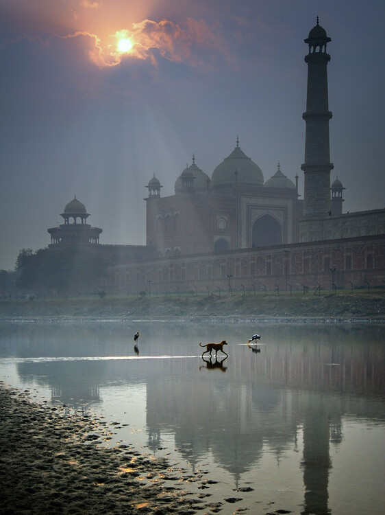 Taj Mahal, India。印度泰姬陵。 泰姬陵是印度最为知名的古迹之一，全部用纯白色大理石建筑，用玻璃、玛瑙镶嵌，极具艺术价值。泰姬陵是莫卧儿帝国皇帝沙•贾汗（Shah Jahan）为纪念爱妃于1632至1653年兴建的。泰戈尔曾把泰姬陵比喻为“永恒脸颊上的一滴眼泪”。