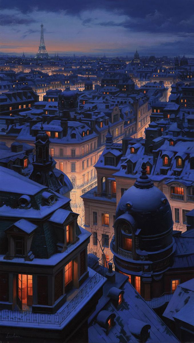 Paris at night in winter。巴黎雪夜。