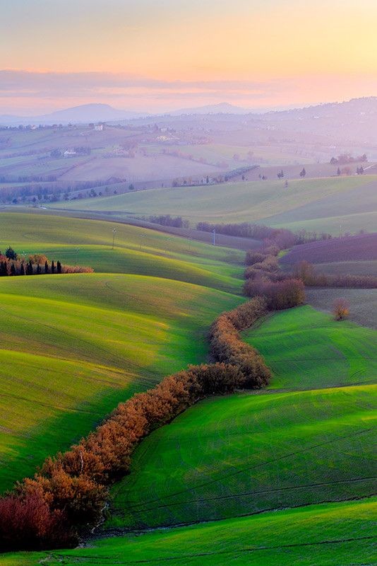 Glimmers of light in the Marche, rolling hills, Central Italy。马尔凯是意大利中部的一个大区，北界与艾米利亚-罗马涅大区相邻，托斯卡纳大区位于马尔凯西北，西邻翁布里亚，南邻阿布鲁佐和拉齐奥，而东面则有亚得里亚海。马尔凯区内除了有一些河谷和海岸的狭长地带之外，其余部分都是山区。（ by Maurizio Caporaletti）