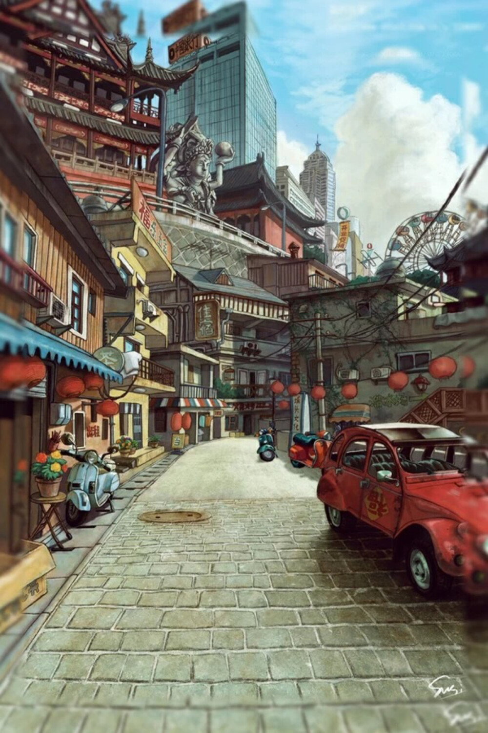 壁纸中国街道中国风张灯结彩古今结合