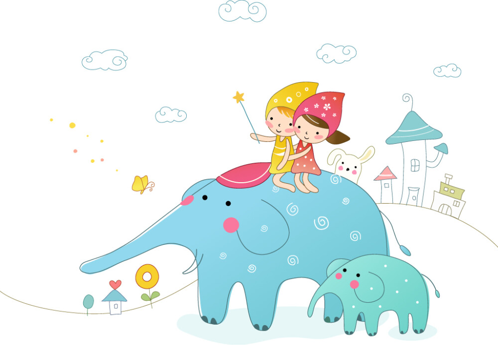 可爱儿童 图01 戴帽子的小女孩 小男孩 大象 小象