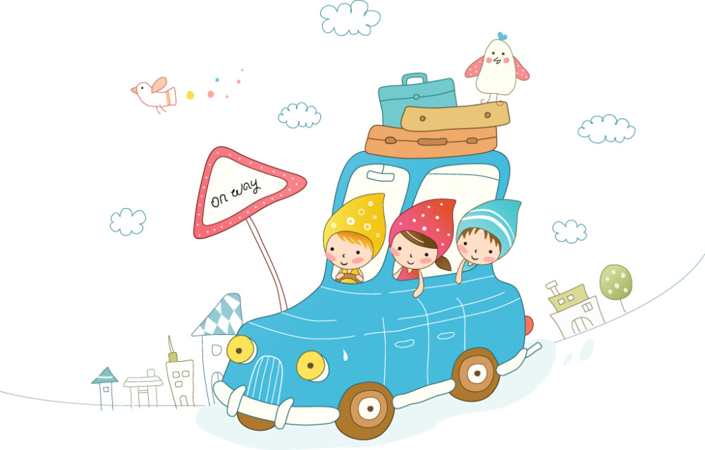 可爱儿童 图11 戴帽子的小女孩 小男孩 小汽车 行李 旅行