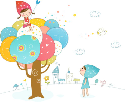可爱儿童 图27 戴帽子的小女孩 小男孩 彩色的树