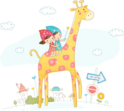 可爱儿童 图31 戴帽子的小女孩 小男孩 长颈鹿