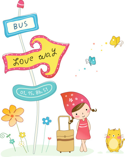 可爱儿童 图34 戴帽子的小女孩 小男孩 公交车站 BUS站 猫咪 Love Way