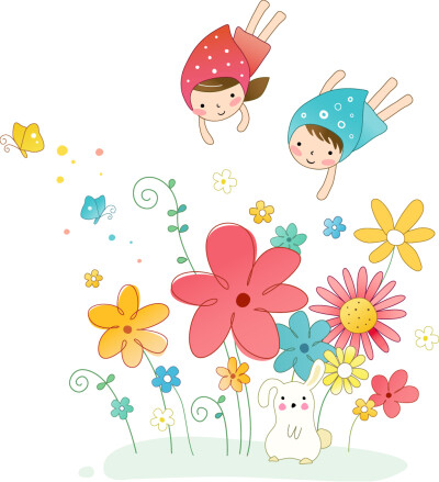 可爱儿童 图37 戴帽子的小女孩 小男孩 花朵 蝴蝶 兔子