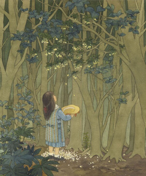 日本插画师 Kanazawa Mariko 治愈系插画 淡淡的 很舒服，让人回忆起美好的过往  桂花树下