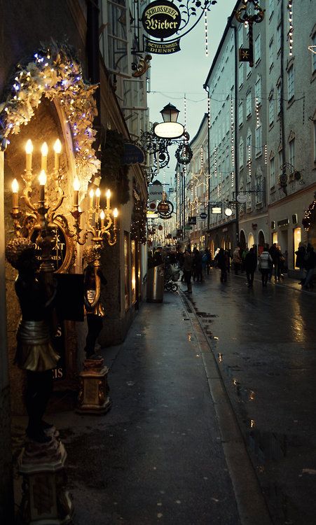 Getreidegasse,Salzburg, Austria。粮食胡同要算奥地利萨尔茨堡老城中最热闹的街道了，也是最能够反映出中古时代欧洲风貌的一条小街。每座建筑的立面上都清楚地写着建造的年代，最为醒目的是每家商号都有自己的招牌。招牌是用金属打造出来的，保留着16世纪的风格，为粮食胡同增添了不少风采。 中世纪保留下来房子，如今被整修得焕然一新，绿树成荫的幽静宅院，和院外人群熙攘的场景构成鲜明的对照。粮食胡同9号是莫扎特的故居，在这里更是门庭若市，热闹非凡。