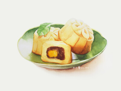 大瞿ava|水彩甜品插画-枣泥蛋黄月饼