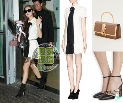 Valentino: Crepe Couture Bow Neck Dress @ Lanecrawford.com $3,370 Monkey Buckle Clutch @ Farfetch.com (Price upon application) Black Leather Mary-Jane Pumps @ Harveynichols.com £480