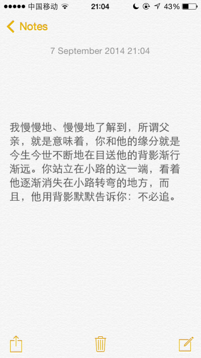 我慢慢地、慢慢地了解到，所谓父亲，就是意味着，你和他的缘分就是今生今世不断地在目送他的背影渐行渐远。你站立在小路的这一端，看着他逐渐消失在小路转弯的地方，而且，他用背影默默告诉你：不必追。