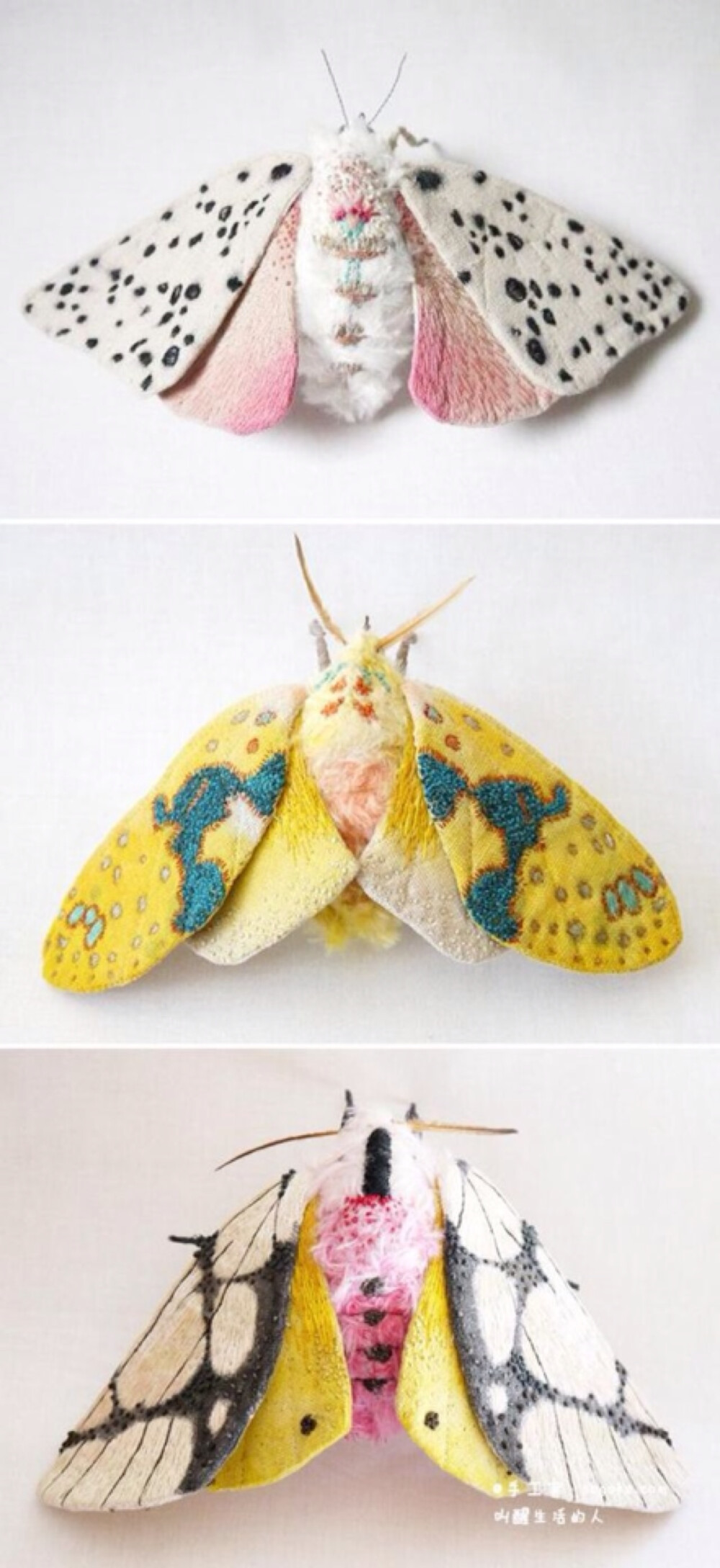 艺术家Yumi Okita创作的刺绣昆虫（飞蛾和蝴蝶）纺织雕塑艺术品