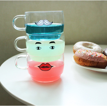 Yizi原创杯子创意zakka清新卡通胡子咖啡玻璃杯 家庭组合系列水杯