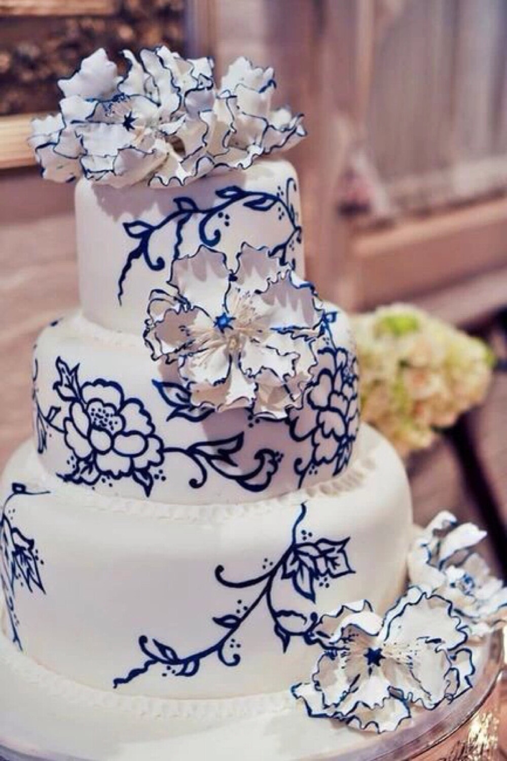 翻糖 婚礼 鲜花 白色 青花瓷 蛋糕 甜点
