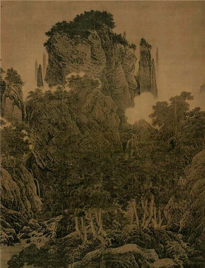 宋 李唐《万壑松风图》 宋朝山水画，格物所致，都跑去大山里研究石头，琢磨出自己石头的画法。李唐的《万壑松风》图，画山石的方法，就像斧头劈过的一样，这种方法叫“斧劈皴”。