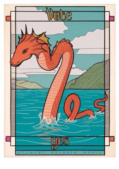 一张支持苏格兰独立的海报。尼斯湖水怪支持独立，而且还很文艺。