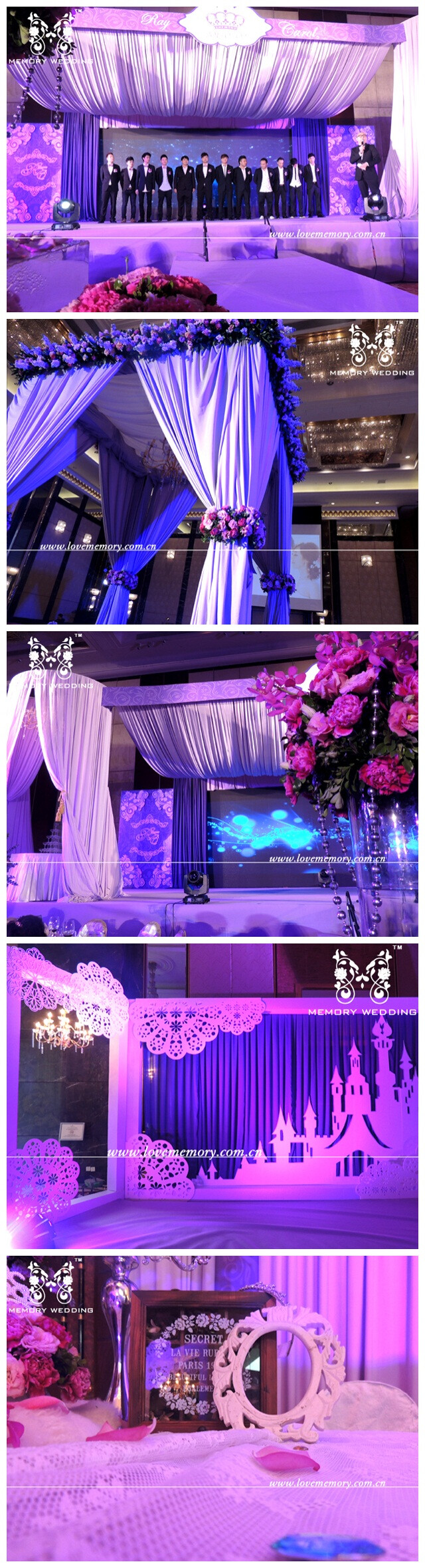  这场婚礼给很多的来宾留下了深刻的印象，紫色的格调，浪漫唯美，婚礼中大量的运用新娘喜欢的蕾丝贯穿到整场婚礼，从现场布置，到细节点缀，都体现出了主题“和你在一琪”蔓茉莉的精英团队巨细无遗的给新人打造一场完美的Memory。 在仪式环节，策划师结合了新人的爱情故事，曾经一起经历的点滴，策划了他们特别的出场方式，婚礼上运用新人所钟爱的紫色，打造成一个梦幻唯美浪漫的宫廷婚礼。
