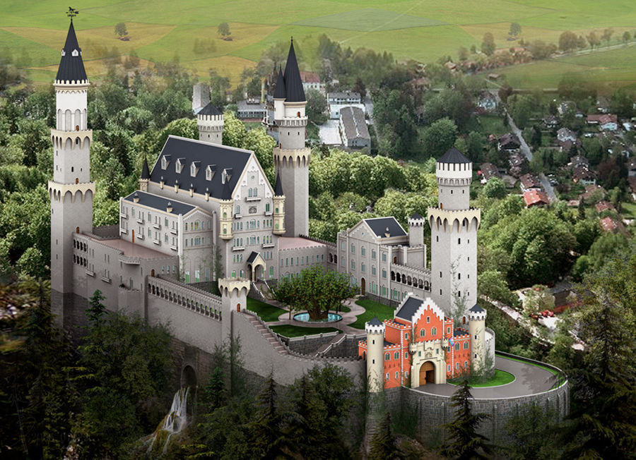 新天鹅城堡(Neuschwanstein Castle)又名“白雪公主城堡”，是座白墙蓝顶的神话城堡，位于德州Fussen小镇上，在阿尔卑斯山脉中，始建1869年。城堡的建造非常具有戏剧性。最初它是由巴伐利亚国王路德维希二世(King Ludwig II of Bavaria)的梦想所设计，国王是艺术的爱好者，一生受着瓦格纳歌剧的影响，他构想了那传说中曾是白雪公主居住的地方。他邀请剧院画家和舞台布置者绘制了建筑草图，梦幻的气氛、无数的天鹅图画，加上围绕城堡四周的湖泊，沉沉的湖水，美得如诗如画，宛如人间仙境，是德国的象征之一，被德国人引为骄傲。