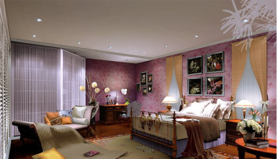  粉色的碎花与墙上的装饰相互映衬，美式家具的放置沿用了整个家居一贯的风格，一款惬意的贵妃椅展现了整个卧房空间的自由与随性；整租家居设计图片分享源于www.jia.com，整体的设计风格很是有特色，喜欢美式家…