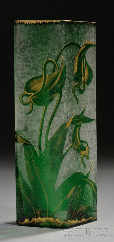 Art Nouveau Art Glass Vase Late 19th/early 20th century Diamond shape rim and body in etched green and colorless glass, floral decoration with gilt highlights