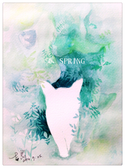 水彩画猫，春——SPRING，画里可以看到几只喵星人……收图请点赞哦，么么哒~~~