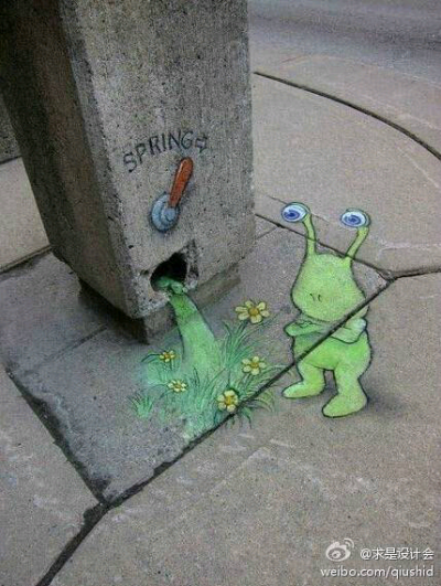 #求是爱设计# David Zinn 的粉笔小人，萌萌哒，好有爱，周边的小情调