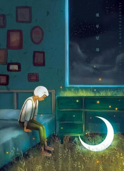 good night系列里的每副作品都是围绕白头发小男孩和一个月亮展开的 一种安静的萌感
