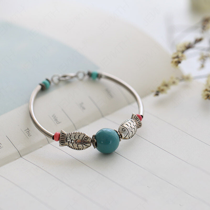 素年锦瓷&deg;双鱼 藏银陶瓷手镯链 小清新首饰饰品 森系复古礼物女