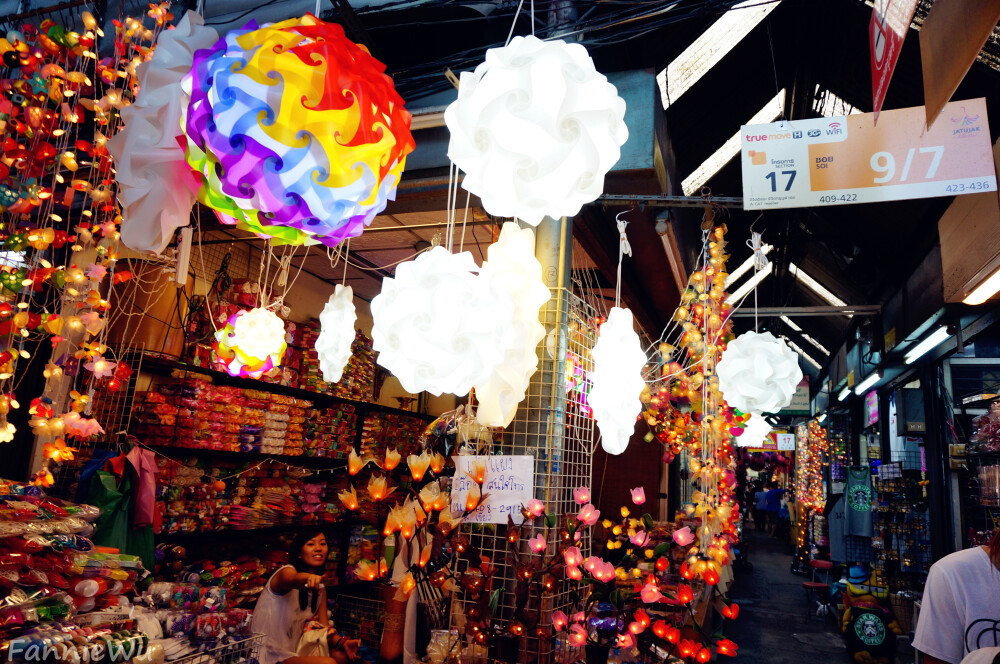 Chatuchak Weekend Market,Bangkok,Thailand。（Photo by Fannie Wu）乍都乍周末市场,位于曼谷市郊，乘坐轻轨列车到莫奇站（Mo Chit）下车便是。每逢周末（仅限周六和周日）开放。她是东南亚地区最大的和泊来品最多的集市。市场内鳞次栉比地排列着超过9000家商铺，要逛遍整个市场，几乎要花上一整天时间。各种商品多到只能用一句话概括：服装、手工艺品、古董、花草、宠物、食品及各种想不到的东西，这里都有。因其是一个以本地人为主要对象的综合市场，价格也很公道。