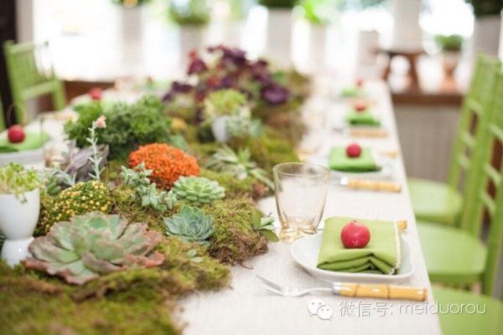  苔藓和多肉植物装饰的奇幻风格餐桌，为婚礼餐桌增添了一份自然、带来一份绿色~