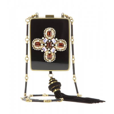 Embellished box clutch with shoulder strap