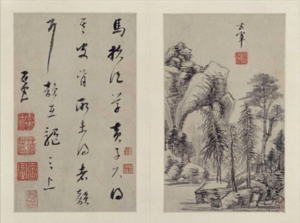 董其昌《山水画册》为其中年山水精品，现藏北京故宫博物院，共十开，每开品评前代大师，仿其笔意，用书法作画，尤以其擅长的行书笔意融于画中，深得各家精髓，出入各家画法，自在无碍。笔墨松秀含蓄，灵逸潇洒，富有韵味。意境萧闲冲淡，幽远静美。