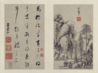 董其昌《山水画册》为其中年山水精品，现藏北京故宫博物院，共十开，每开品评前代大师，仿其笔意，用书法作画，尤以其擅长的行书笔意融于画中，深得各家精髓，出入各家画法，自在无碍。笔墨松秀含蓄，灵逸潇洒，富有…